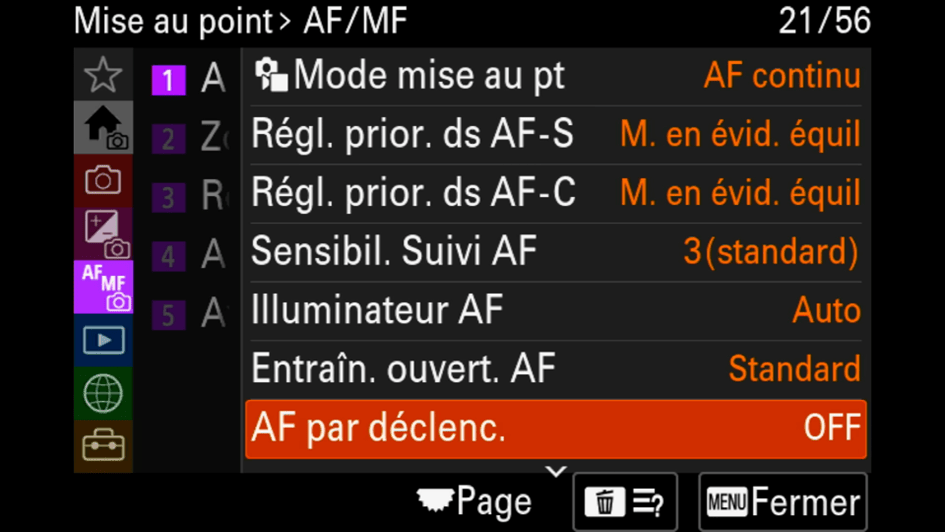 back button focus menu Sony désactiver AF par déclenchement