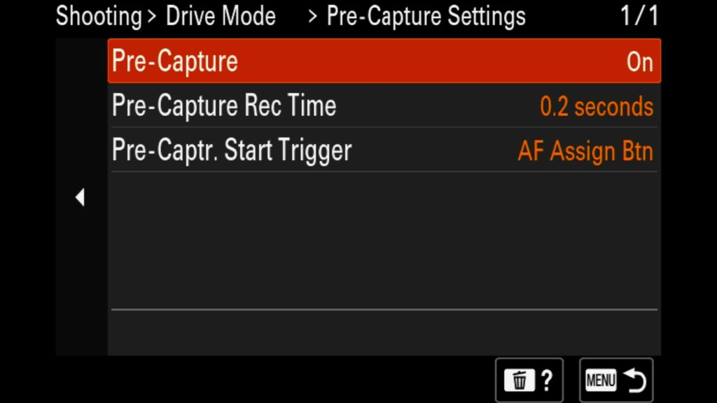 sony a1 ii pre capture menu