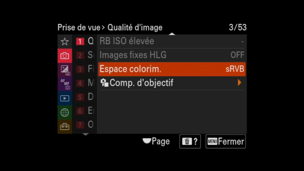 espace colorimetrique menu sony a7iv