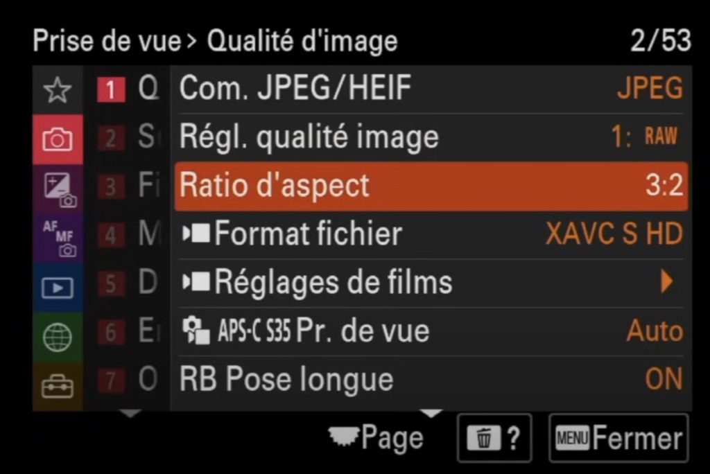 reglages sony a7iv menu aspect ratio